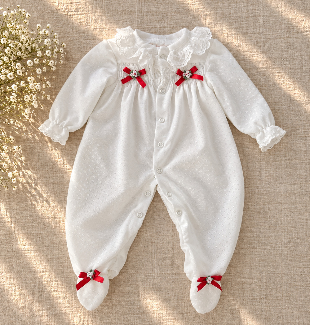 Vintage BabyGro White Lace Footed Romper | 6-9M | 1980s Christmas Outfit